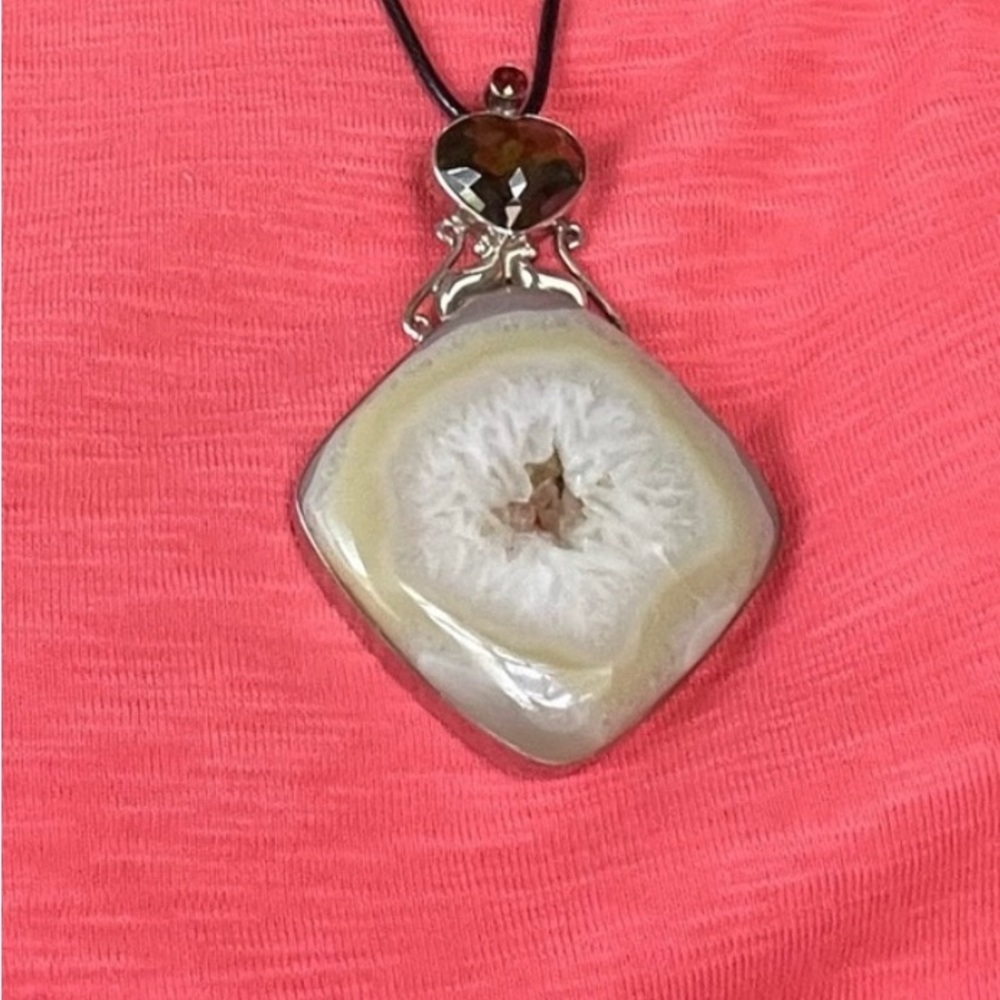 🌼Sterling extra large quartz pendant with wax cord necklace